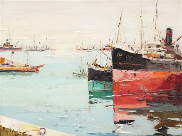 Ships In Port Oil Painting by Rudolph Negely