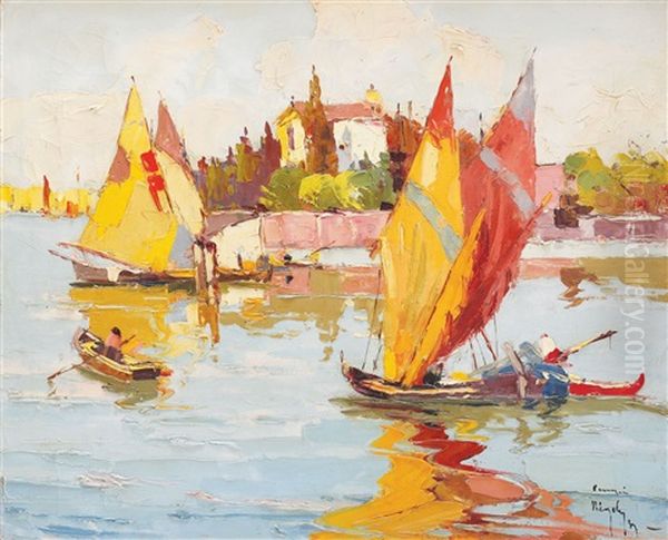 Boats In The Lagoon Oil Painting by Rudolph Negely