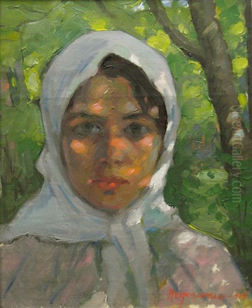 Girl With White Kerchief Oil Painting by Grigore Negosanu