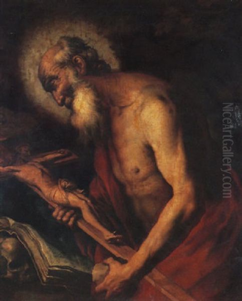 Saint Jerome In Penitence Before A Crucifix, Holding A Stone, With A Skull And Open Book Nearby Oil Painting by Pietro Negri