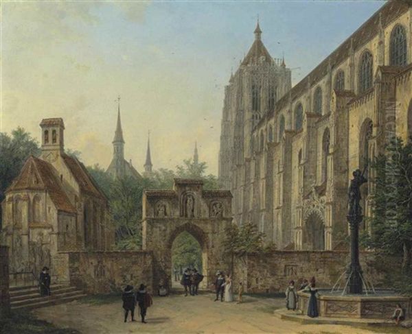 Figures In A Square Before A Cathedral by Michael Neher