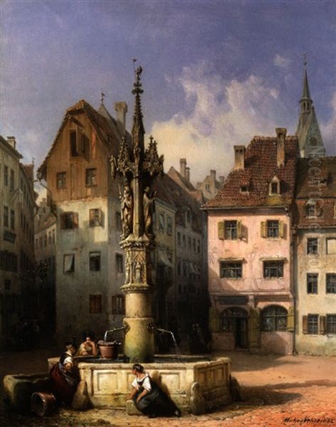 Der Fischmarktbrunnen In Basel Oil Painting by Michael Neher