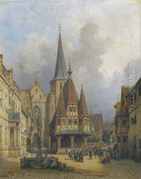 Rathaus In Michelstadt: A Dancing Bear On The Town Square Oil Painting by Michael Neher