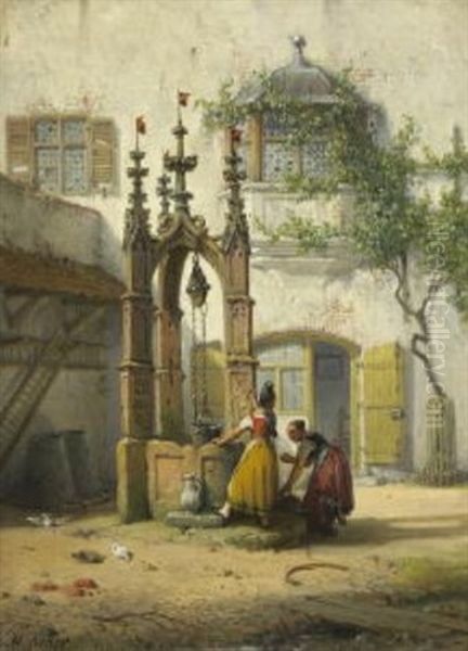 Ziehbrunnen In Reutlingen Oil Painting by Michael Neher