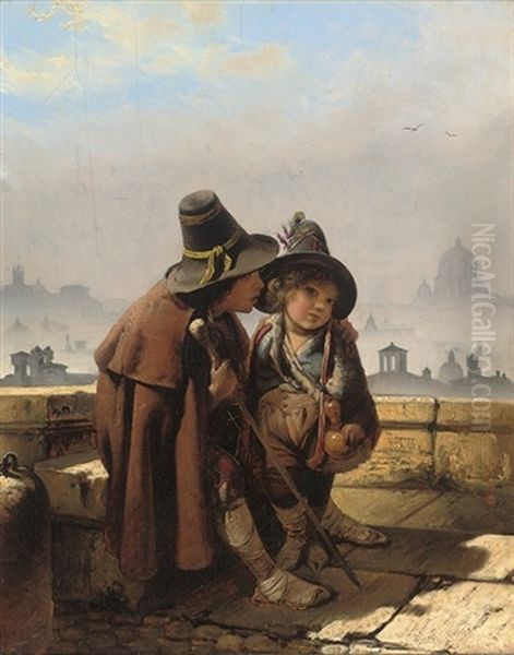 Two Street Urchins On A Rooftop With A Panorama Of Rome Beyond Oil Painting by Timoleon Carl von Nehf