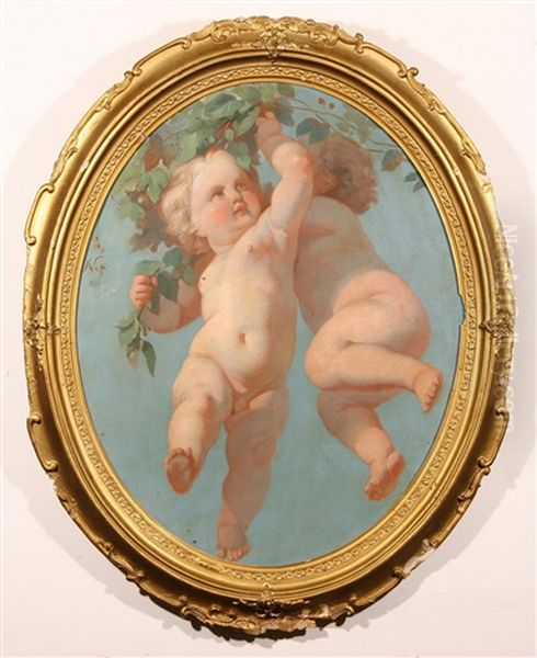 Putti Holding A Wreath Oil Painting by Timoleon Carl von Nehf