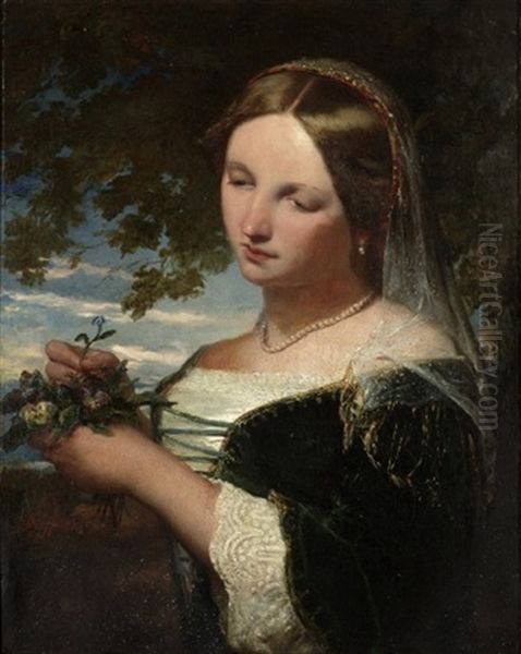 Ung Russisk Kvinde Med Perlekaede Og Slor Plukker Blomster Oil Painting by Timoleon Carl von Nehf