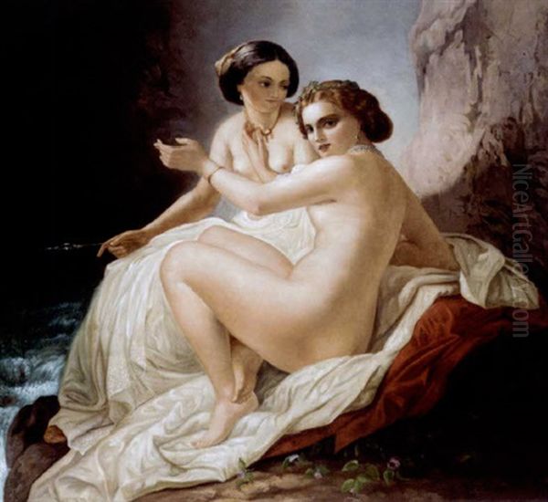 Two Young Women In A Grotto Oil Painting by Timoleon Carl von Nehf