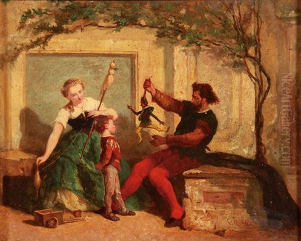 Puppeteer Performing For A Young Boy And A Woman Making Thread Oil Painting by Victor Nehlig