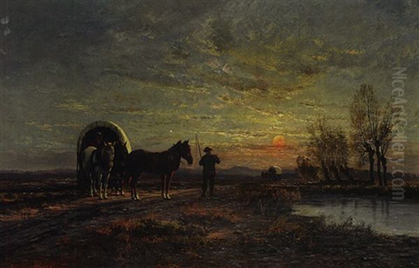 Planwagen Mit Einem Paar Bei Sonnenuntergang Oil Painting by Paul Neidhardt