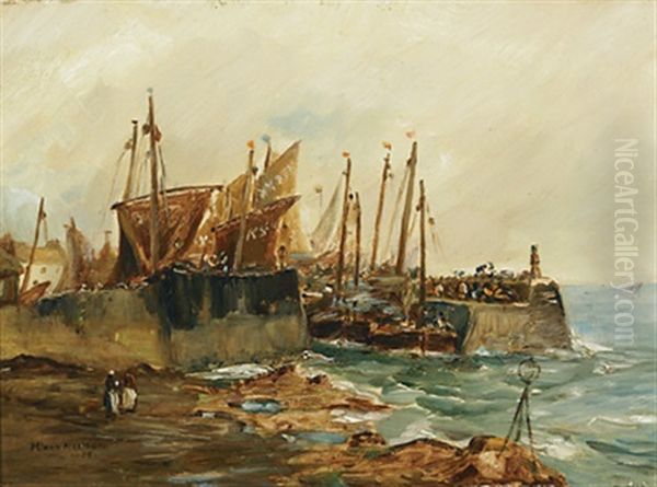 Fishing Boats Moored Behind Breakers Oil Painting by Henry Ivan Neilson