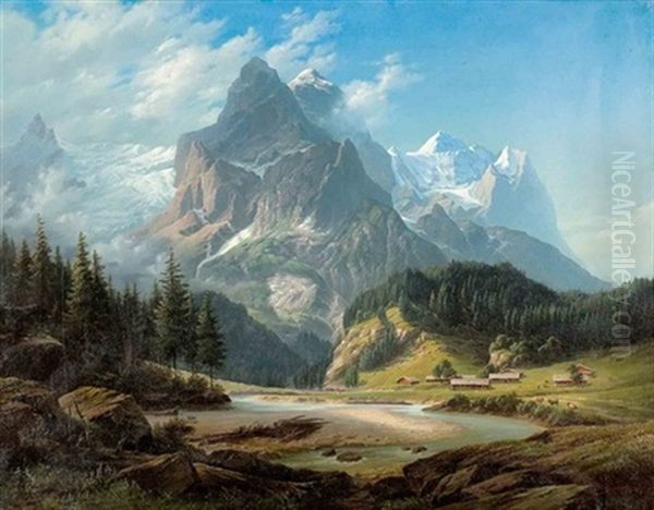 Gebirgspartie Mit Wetterhorn, Wellhorn Und Rosenlauigletscher (+ Junger Hirte Vor Dem Monte-roa-massiv, 1864; 2 Works) Oil Painting by Johann Matthias Neithardt