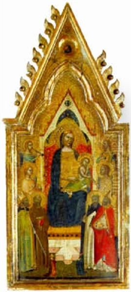 The Madonna And Child Enthroned With Saint Francis, Peter Martyr And Nicholas Of Bari With Others Oil Painting by Pietro Nelli