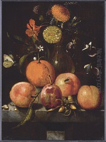 Still Life With Plums, An Orange, A Cabbage White Butterfly And Flowers In A Glass Vase On A Stone Ledge Oil Painting by Martinus Nellius