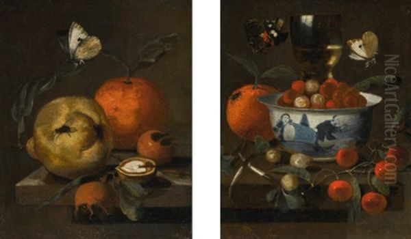 A Pear, An Orange, Medlars And Half A Walnut On A Stone Ledge, A Cabbage White Butterfly Above; A Chinese Porcelain Bowl With Strawberries, Cherries, An Orange And A Roemer Glass On A Ledge, Together With Two Butterflies Oil Painting by Martinus Nellius