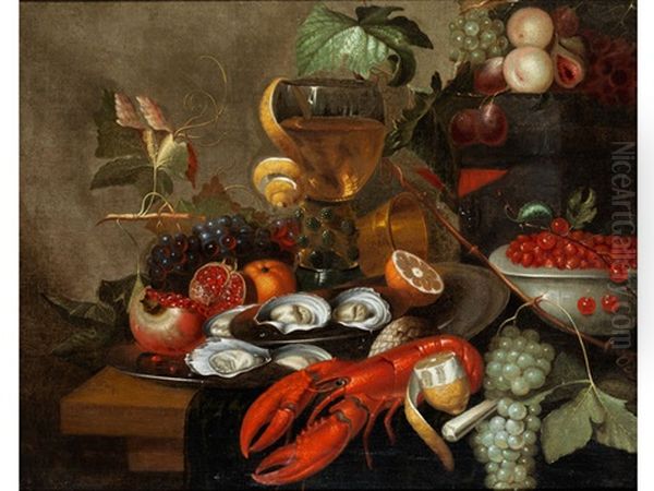 Grosses Prunkstillleben Mit Fruchten, Austern Und Hummer Oil Painting by Martinus Nellius