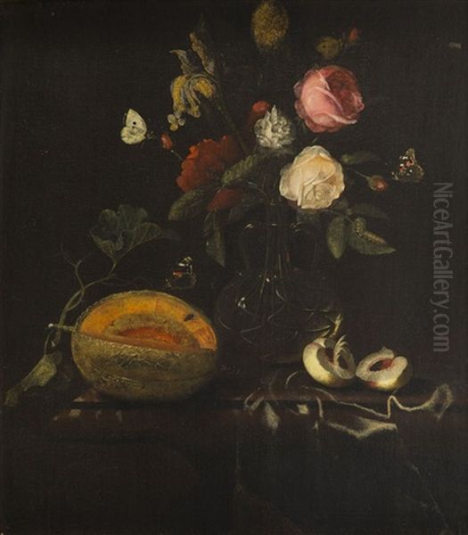 Still Life With Flowers, Melon And Butterflies Oil Painting by Martinus Nellius