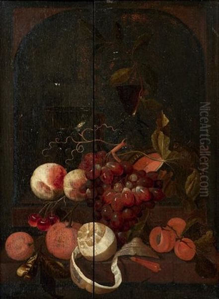 Nature Morte Aux Raisins, Peches, Oranges, Et Citrons, Roehmer Et Verre Facon De Venise Dans Une Niche by Martinus Nellius