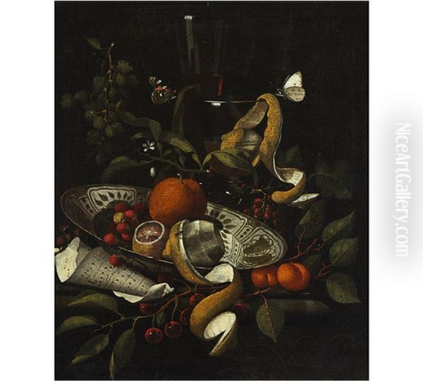 Nature Morte With Lemons, Porcelain Dish, A Sheet Of Music And Butterflies Oil Painting by Martinus Nellius