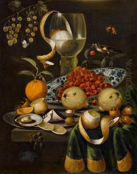 Stilleben Mit Zitrone Und Weinglas, Vogeln Und Schmetterlingen Oil Painting by Martinus Nellius