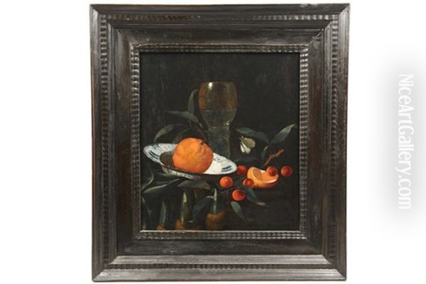 An Orange In A Wanli Kraak Porcelain Bowl With Cherries And A Roemer On A Stone Ledge Oil Painting by Martinus Nellius