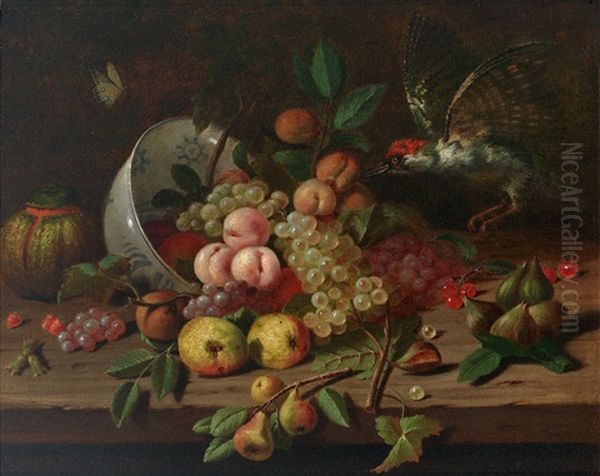 Elegantes Fruchtestilleben Mit Schrag Gestellter Delfter Schale, Anfliegendem Specht Und Schmetterling Oil Painting by Martinus Nellius