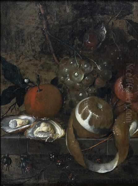 Nature Morte Aux Fruits Et Aux Huitres Sur Un Entablement De Pierre Oil Painting by Martinus Nellius