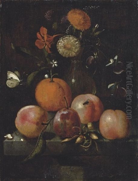 Plums, An Orange, A Cabbage White Butterfly And Flowers In A Glass Vase On A Stone Ledge Oil Painting by Martinus Nellius