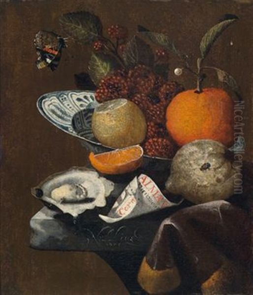 Fruchtestillleben Mit Geoffneter Auster, Almanachblatt Und Schmetterling Oil Painting by Martinus Nellius