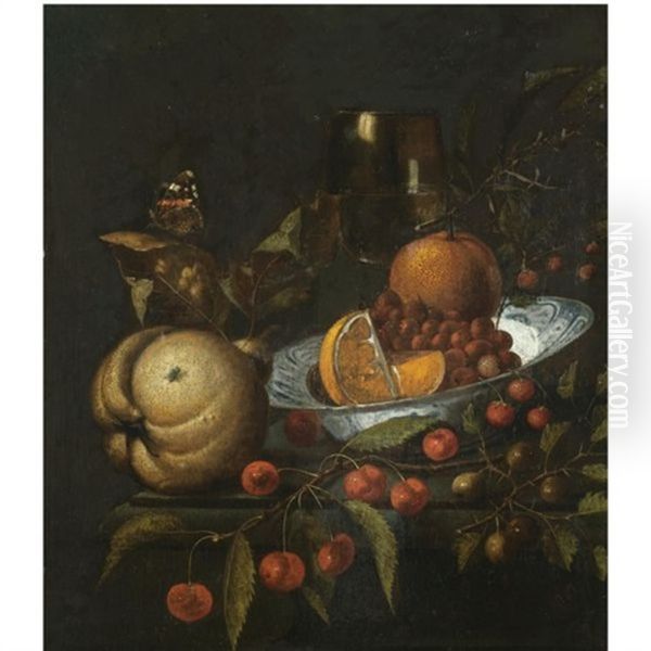 A Still Life With Oranges And Wild Strawberries In A Blue And White Porcelain Bowl, Together With Gooseberries, Cherries, A Roemer Of Wine, A Pear And A Butterfly On A Stone Ledge Oil Painting by Martinus Nellius