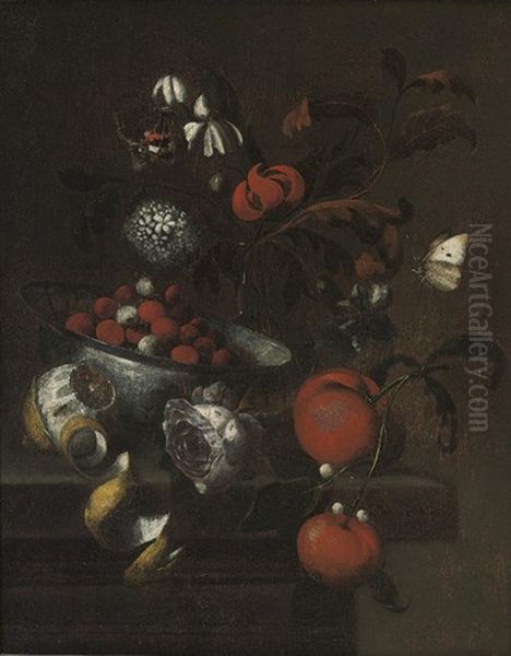 A Delft Blue And White Bowl With Cherries, Clementines, A Rose, Mixed Flowers In A Glass Vase And A Partly-peeled Lemon Oil Painting by Martinus Nellius