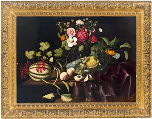 Stillleben Mit Einer Chinesischen Schale Aus Wan-li Porzellan, Mit Melone, Pfirsichen, Weintrauben, Marillen, Blumen Und Einem Schmetterling Oil Painting by Martinus Nellius