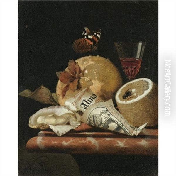 A Still Life With A Quince, A Lemon, An Oyster, A Partly Rolled-up Leaflet And A Wine Glass, All Aranged On A Marble Ledge With A Butterfly And A Fly Oil Painting by Martinus Nellius