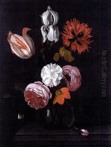 A Parrot Tulip, Roses, An Iris And Other Flowers In A Glass Vase On A Stone Ledge Oil Painting by Martinus Nellius