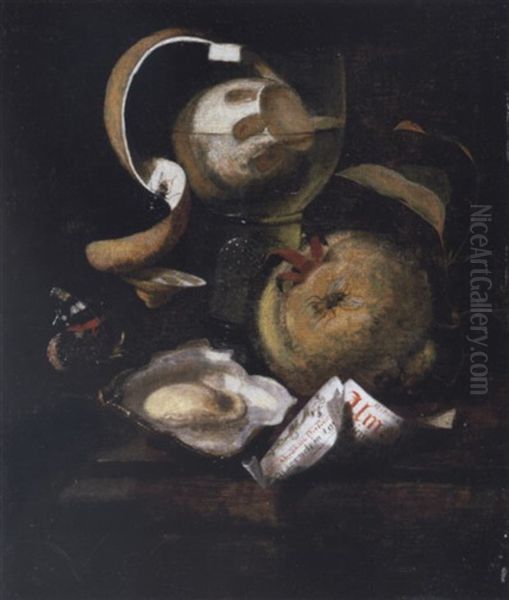 Still Life Of A Peeled Lemon In A Roemer, An Apple, Paper, Oyster And Butterfly On A Ledge Oil Painting by Martinus Nellius