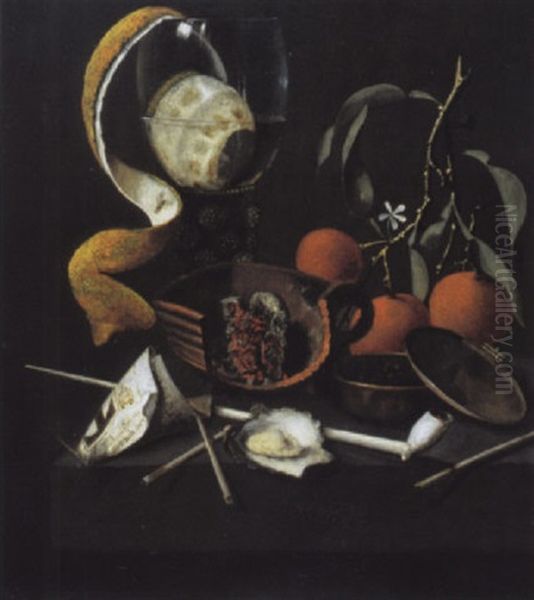 Stilleven Met Gepelde Citroen, Oester, Pijp En Appelsienen Oil Painting by Martinus Nellius