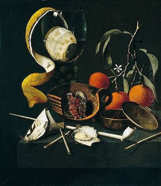 A Still Life Of A Peeled Lemon In A Roemer, An Oyster, A Pipe, Brazier And Oranges, All On A Stone Ledge Oil Painting by Martinus Nellius