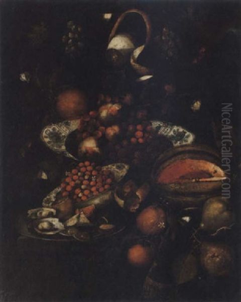 Stilleben Med Korsbar, Melon, Citroner, Applen, Paron, Smulton Och Ostron Oil Painting by Martinus Nellius