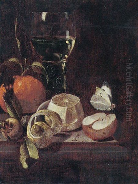 Still Life Of A Roemer, An Orange, Lemon, A Medlar, An Apple And A Cabbage White Butterfly, Upon A Stone Ledge Oil Painting by Martinus Nellius