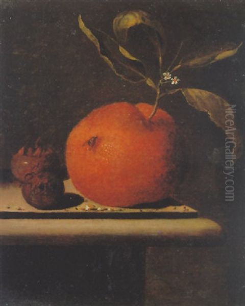 A Still Life Of An Orange And Medlars On A Stone Ledge Oil Painting by Martinus Nellius