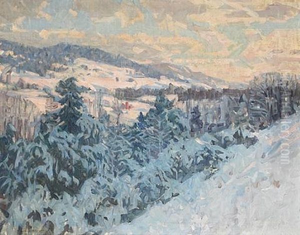 Winter Scene With Distant Farmhouses by Bruce Nelson