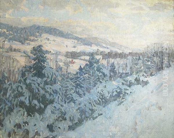 Winter Scene With Distant Farmhouses by Bruce Nelson