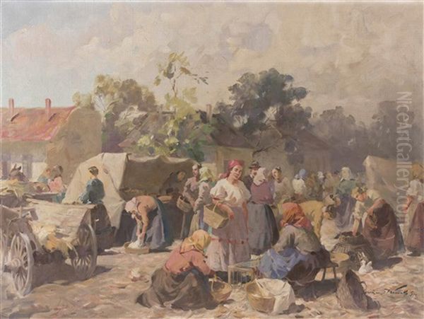 Reges Markttreiben In Einem Dorf Oil Painting by Gyertyanyi Nemeth