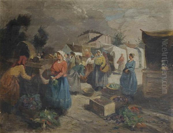 Bustling Market Scene Oil Painting by Gyertyanyi Nemeth