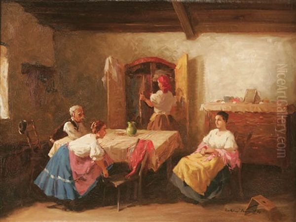 Interior Scene With Three Women And Man Oil Painting by Gyertyanyi Nemeth