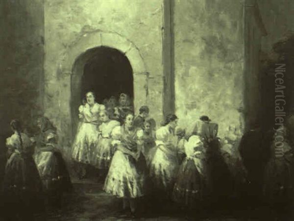 Frauen Beim Verlassen Der Kirche Nach Dem Festtagsgottesdienst Oil Painting by Gyertyanyi Nemeth