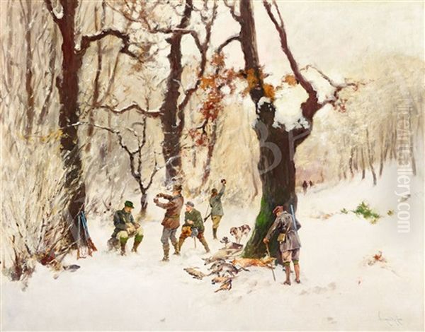 Succesful Hunt Oil Painting by Antal (Laszlo) Neogrady