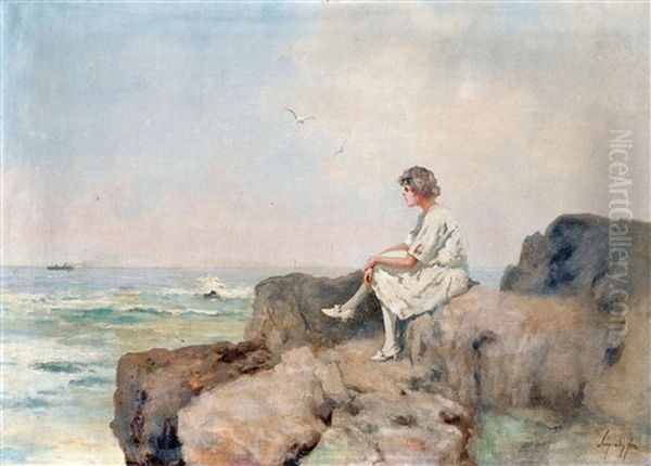 Lady On The Seaside Rocks Oil Painting by Antal (Laszlo) Neogrady