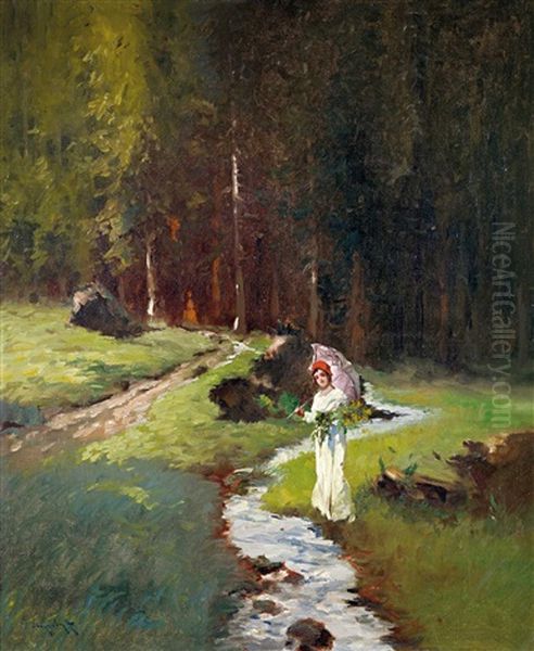 At The Stream Oil Painting by Antal (Laszlo) Neogrady