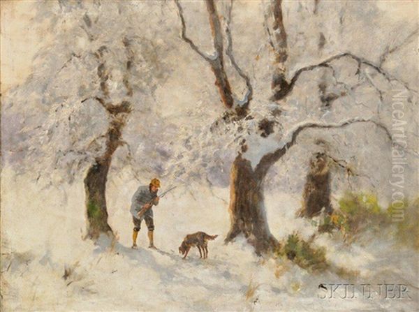 Hunter And Dog In A Snowy Wood Oil Painting by Antal (Laszlo) Neogrady